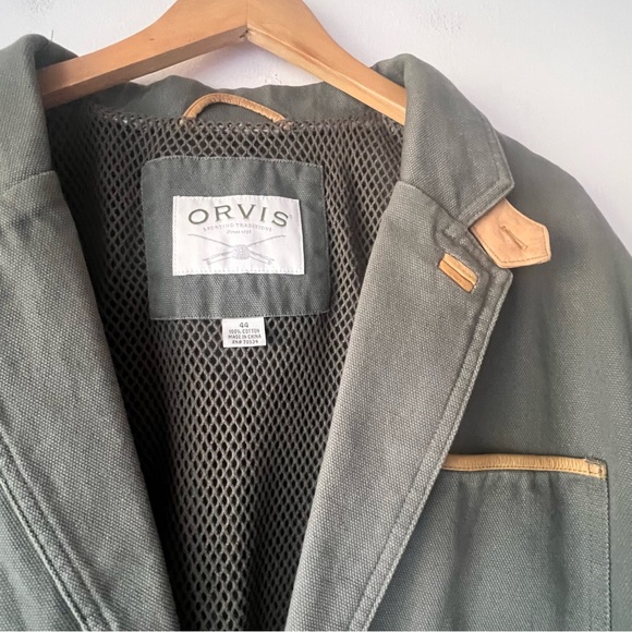 ORVIS Canvas Blazer Jacket cotton Olive green Mens SIZE 44 leather patch elbow - Picture 2 of 9